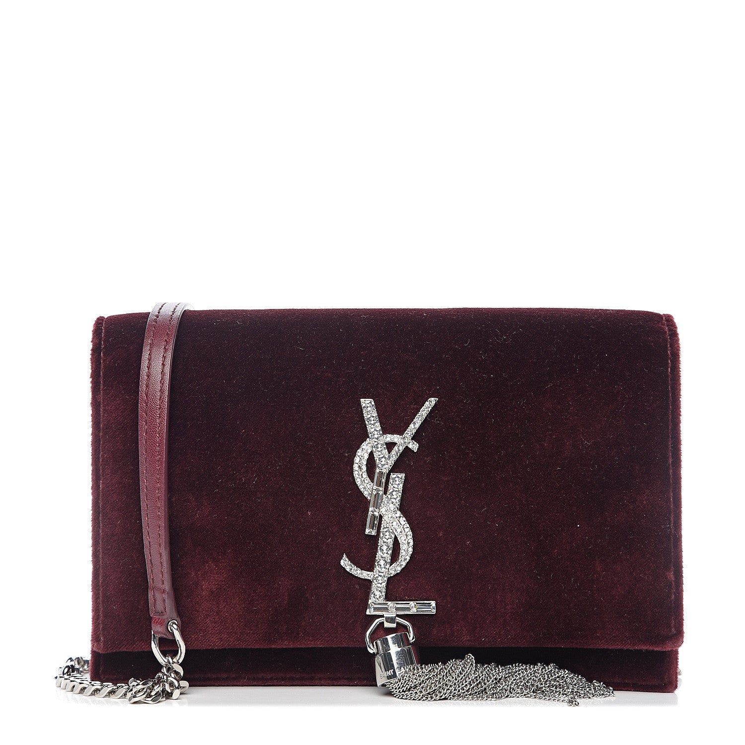 Saint Laurent Velvet Crystal Monogram Kate Tassel Shoulder Bag Burgundy 1 of 10
