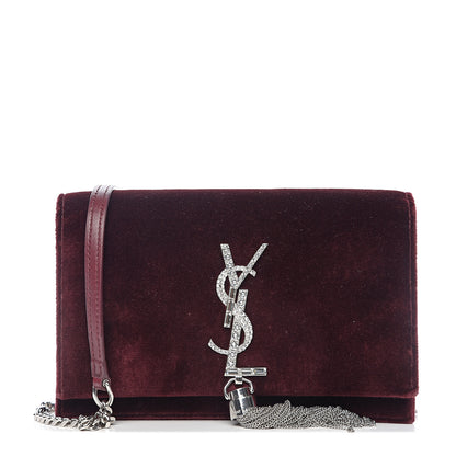 Saint Laurent Velvet Crystal Monogram Kate Tassel Shoulder Bag Burgundy 1 of 10