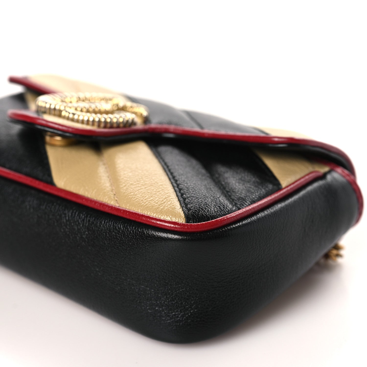 Gucci Vintage Effect Calfskin Matelasse Diagonal Striped Super Mini Torchon GG Marmont Shoulder Bag Black Beige 9 of 10