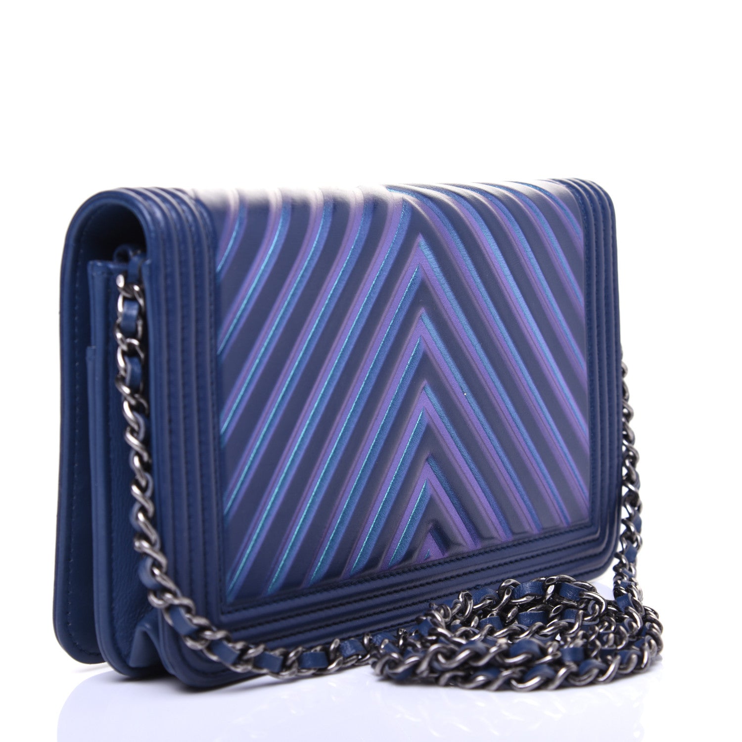 Chanel Calfskin Painted Chevron Embossed Boy Wallet On Chain WOC Navy 4 of 27