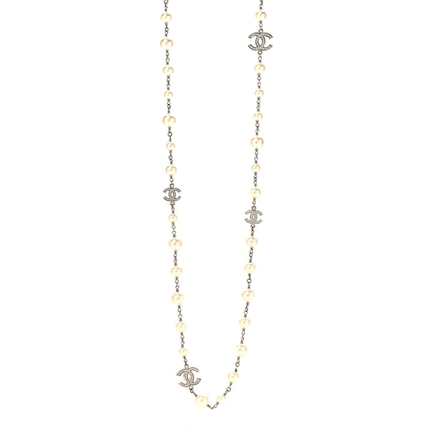 Graduated Pearl Crystal CC Long Necklace Silver