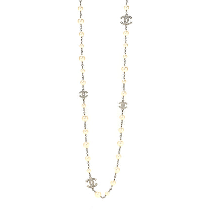 Chanel Graduated Pearl Crystal CC Long Necklace Silver 1 of 6