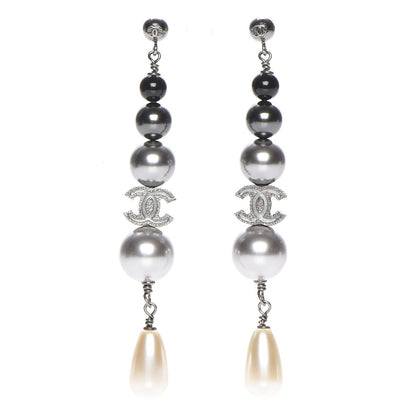 Chanel Pearl Bead CC Drop Earrings Grey Black 1 of 5
