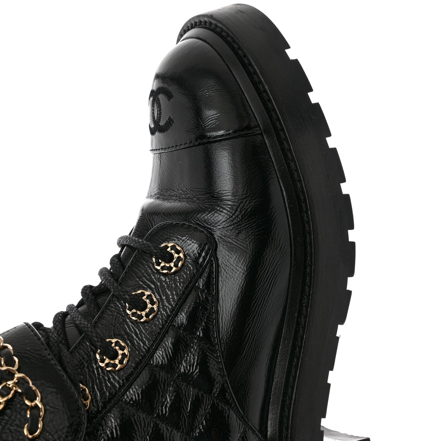 Chanel Shiny Goatskin Calfskin Quilted Lace Up Combat Boots 38 Black 10 of 10