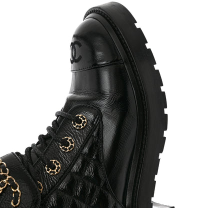 Chanel Shiny Goatskin Calfskin Quilted Lace Up Combat Boots 38 Black 10 of 10