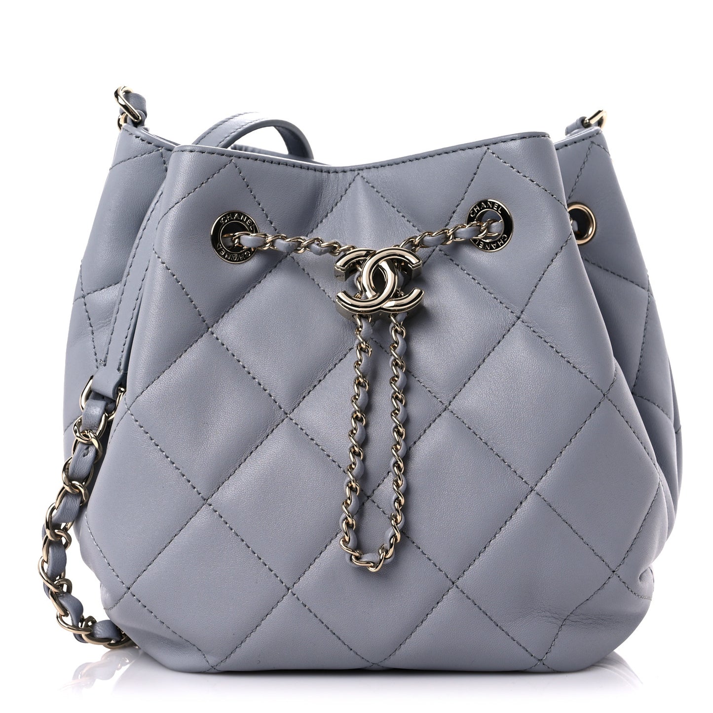 Lambskin Quilted CC Dweller Drawstring Bucket Bag Light Grey