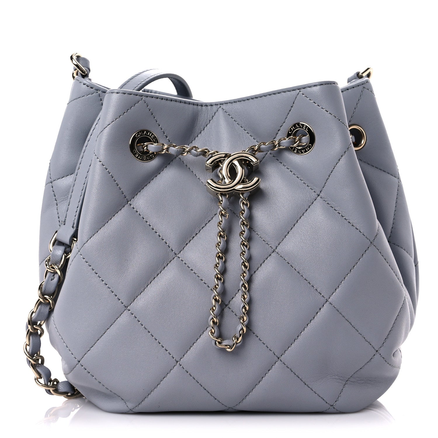 Chanel Lambskin Quilted CC Dweller Drawstring Bucket Bag Light Grey 1 of 9