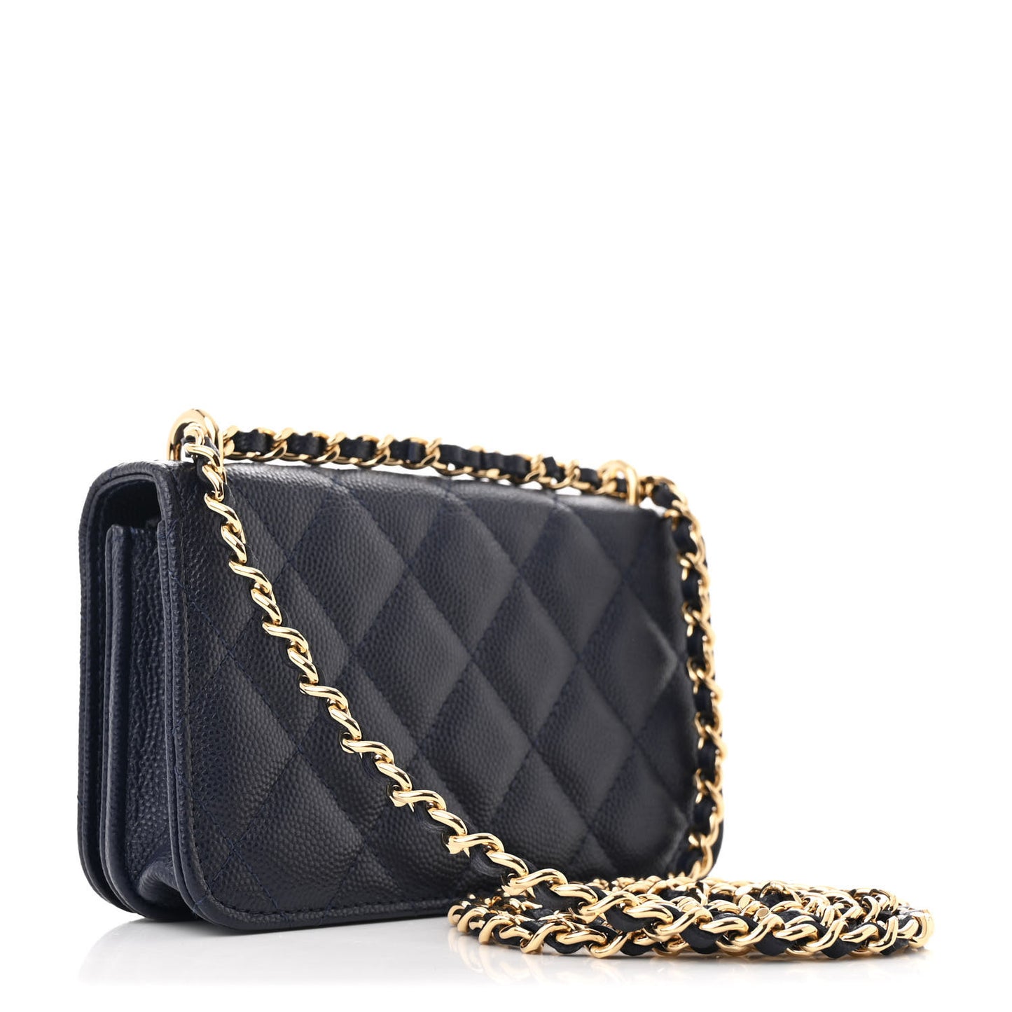 Caviar Quilted Pocket Twins Clutch With Chain Navy Blue