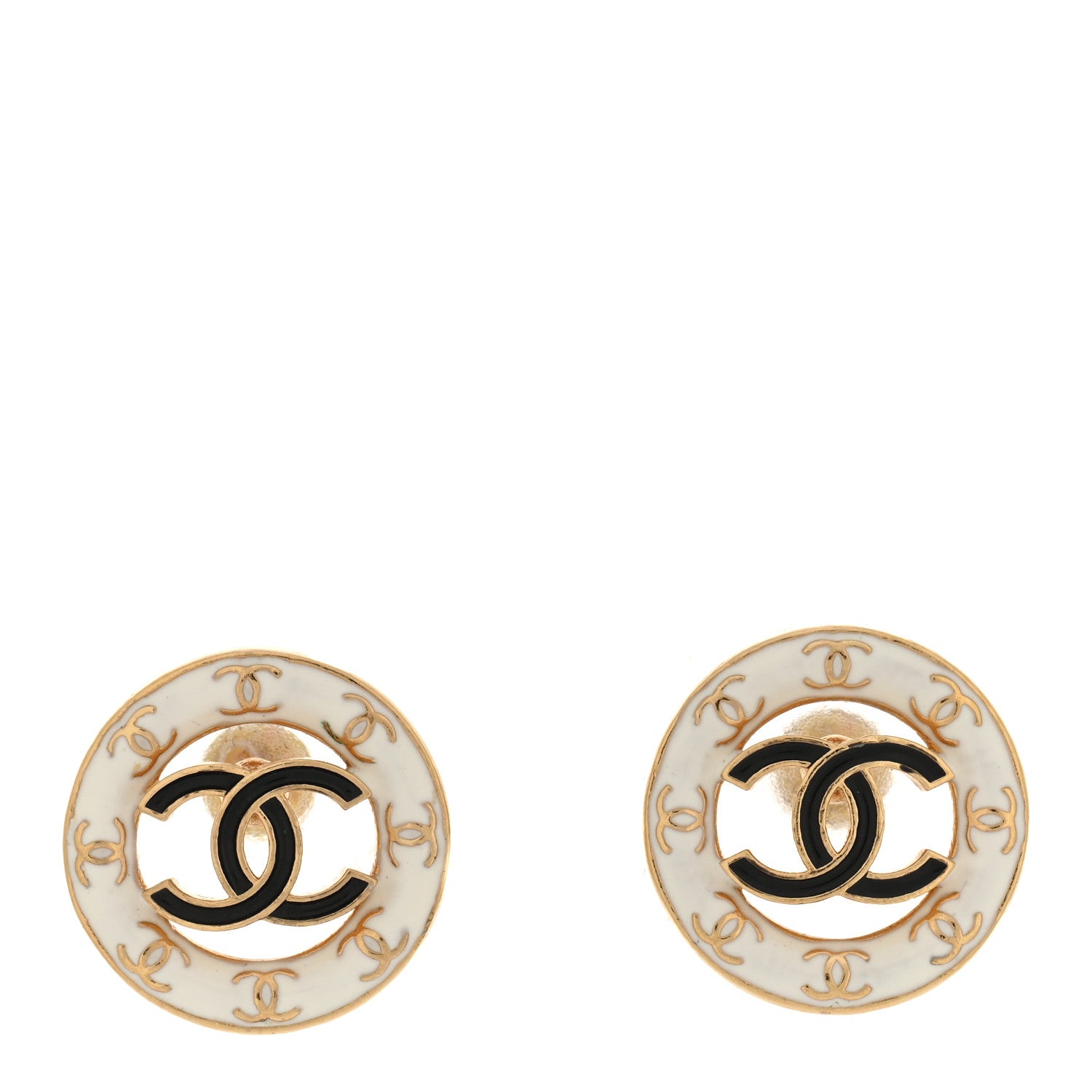 Chanel Metal Enamel CC Round Earrings Gold White Black 1 of 5