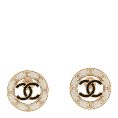 Chanel Metal Enamel CC Round Earrings Gold White Black 1 of 5