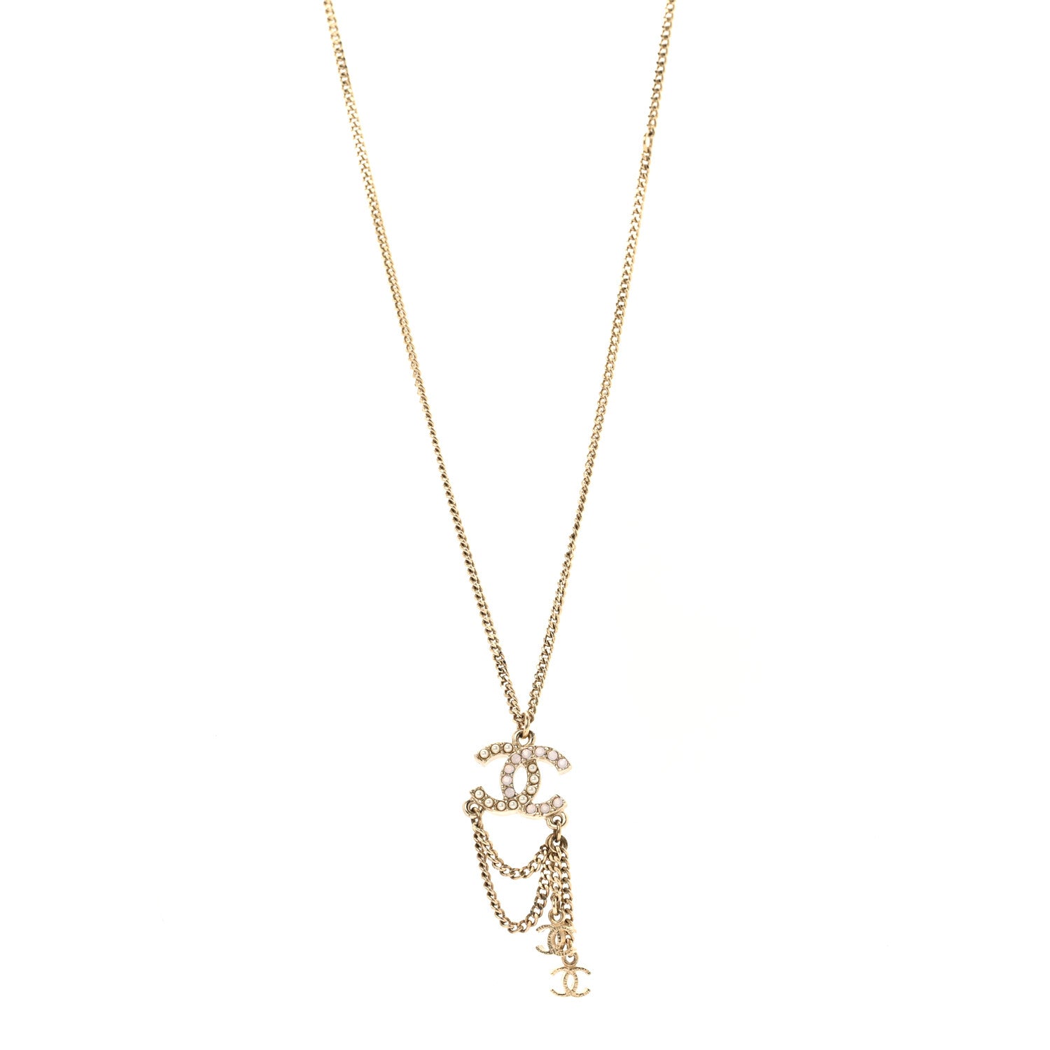 Chanel Pearl Crystal CC Chain Necklace Gold Pink 1 of 5