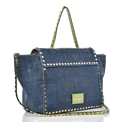 Valentino Garavani Denim Rockstud Single Handle Flap Tote Blue 3 of 9