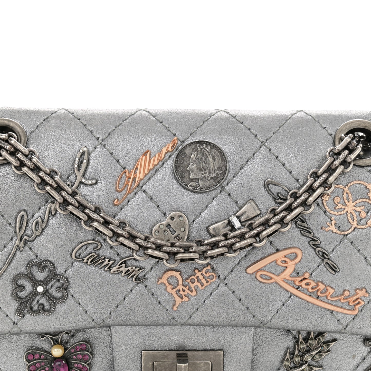 Metallic Calfskin Quilted Lucky Charms 2.55 Reissue 224 Flap Dark Silver