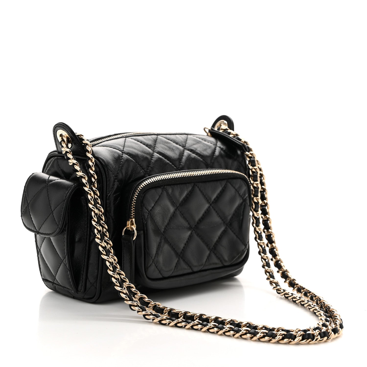 Chanel Shiny Crumpled Lambskin Quilted Small Preppy Pocket Camera Case Black 3 of 12