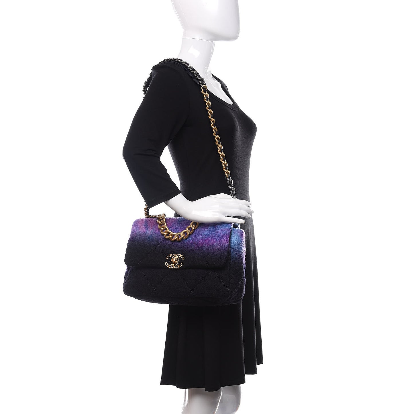Wool Tweed Quilted Large 19 Flap Purple Black Blue