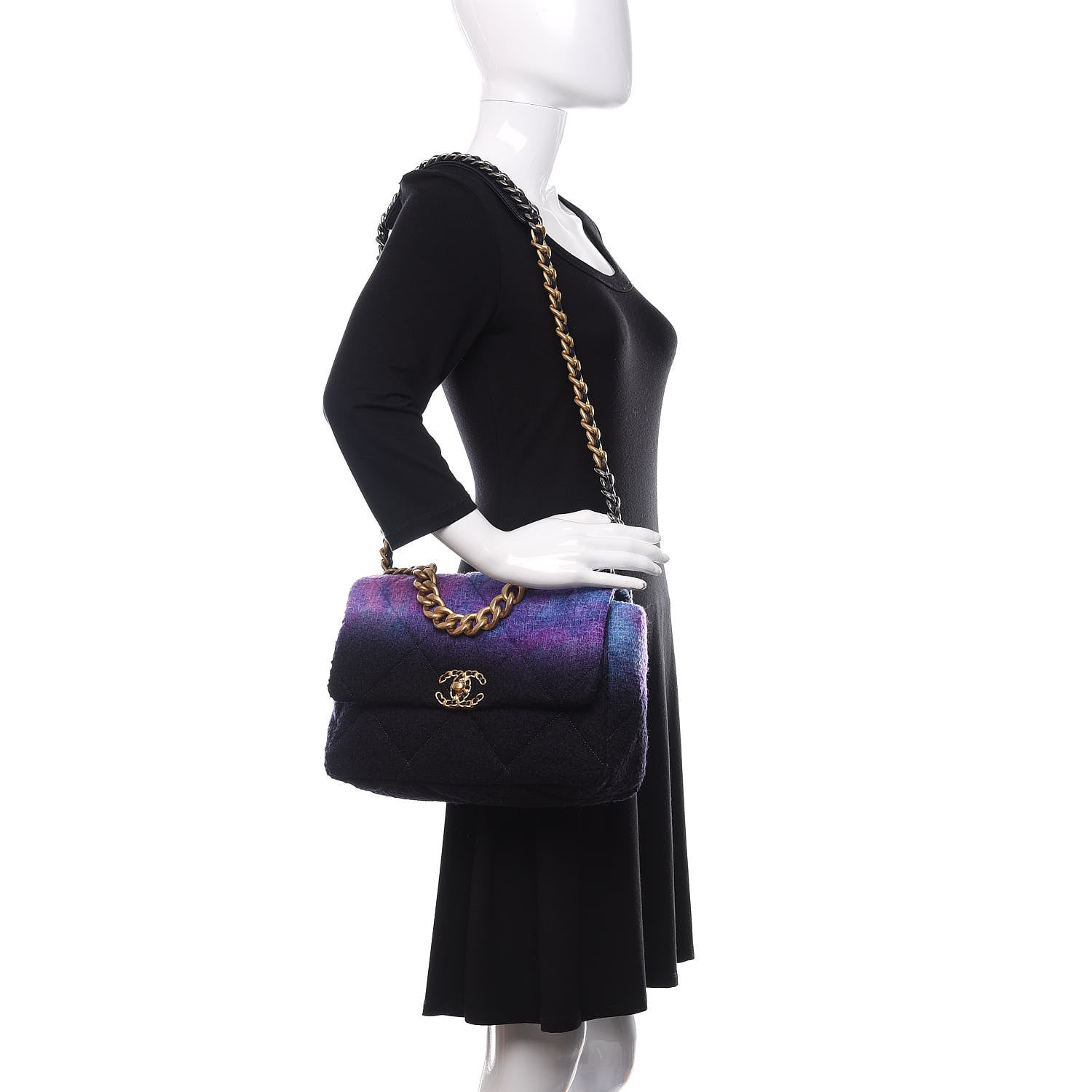 Chanel Wool Tweed Quilted Large 19 Flap Purple Black Blue 2 of 11
