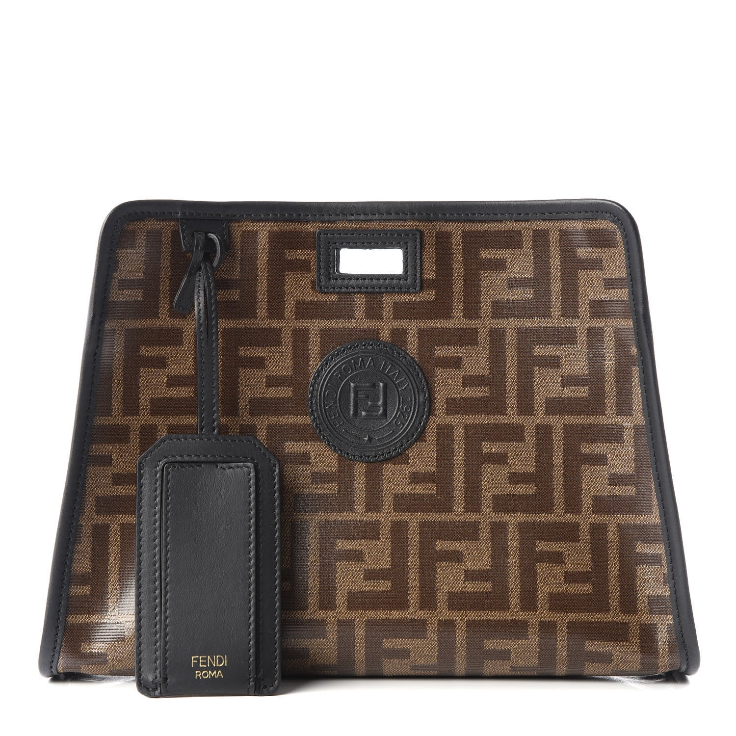 Fendi Glazed Fabric Vitello Century FF 1974 Stamp Patch Mini Peekaboo Defender Cover Mogano Panna Black 1 of 9