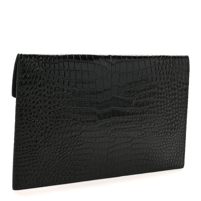 Saint Laurent Calfskin Crocodile Embossed Uptown Monogram Pouch Black 3 of 8
