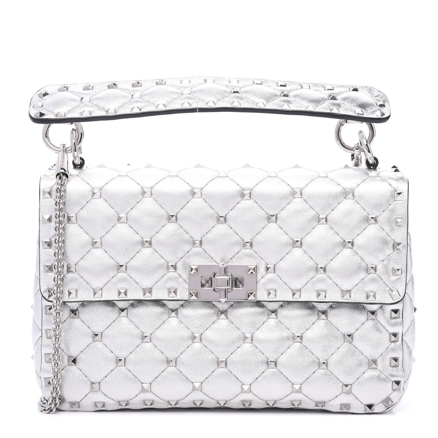 Metallic Nappa Medium Rockstud Spike Shoulder Bag Silver