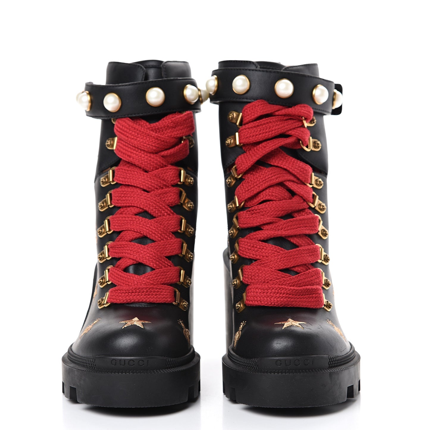 Calfskin Embroidered Lace Up Combat Ankle Boots 37.5 Black