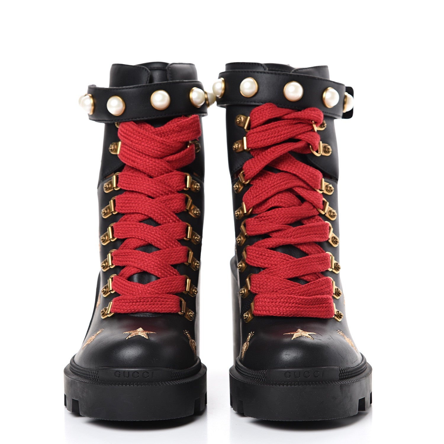 Gucci Calfskin Embroidered Lace Up Combat Ankle Boots 37.5 Black 2 of 11