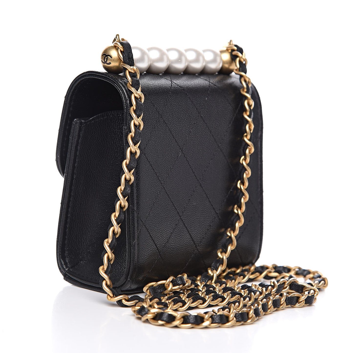 Goatskin Chic Pearls Clutch On Chain Black