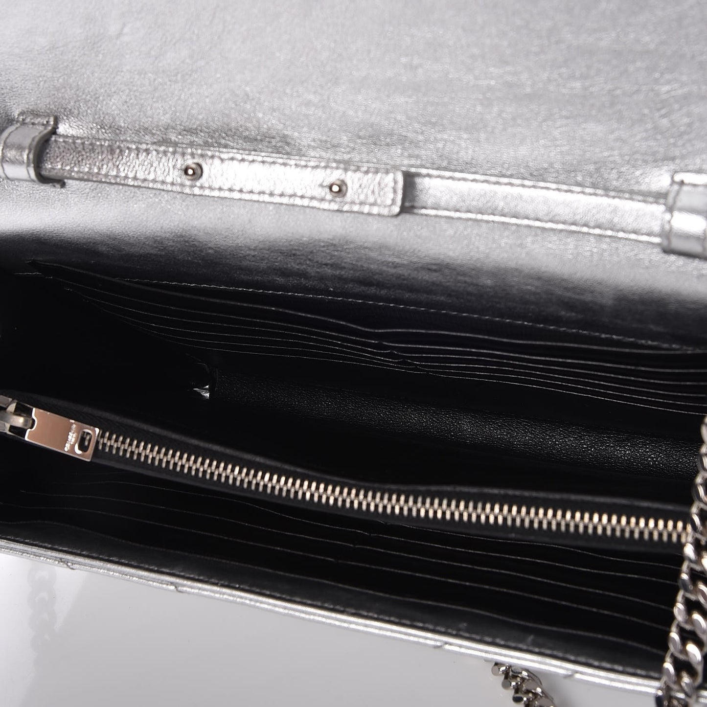 Metallic Lambskin Matelasse Chevron Monogram Chain Wallet Argento