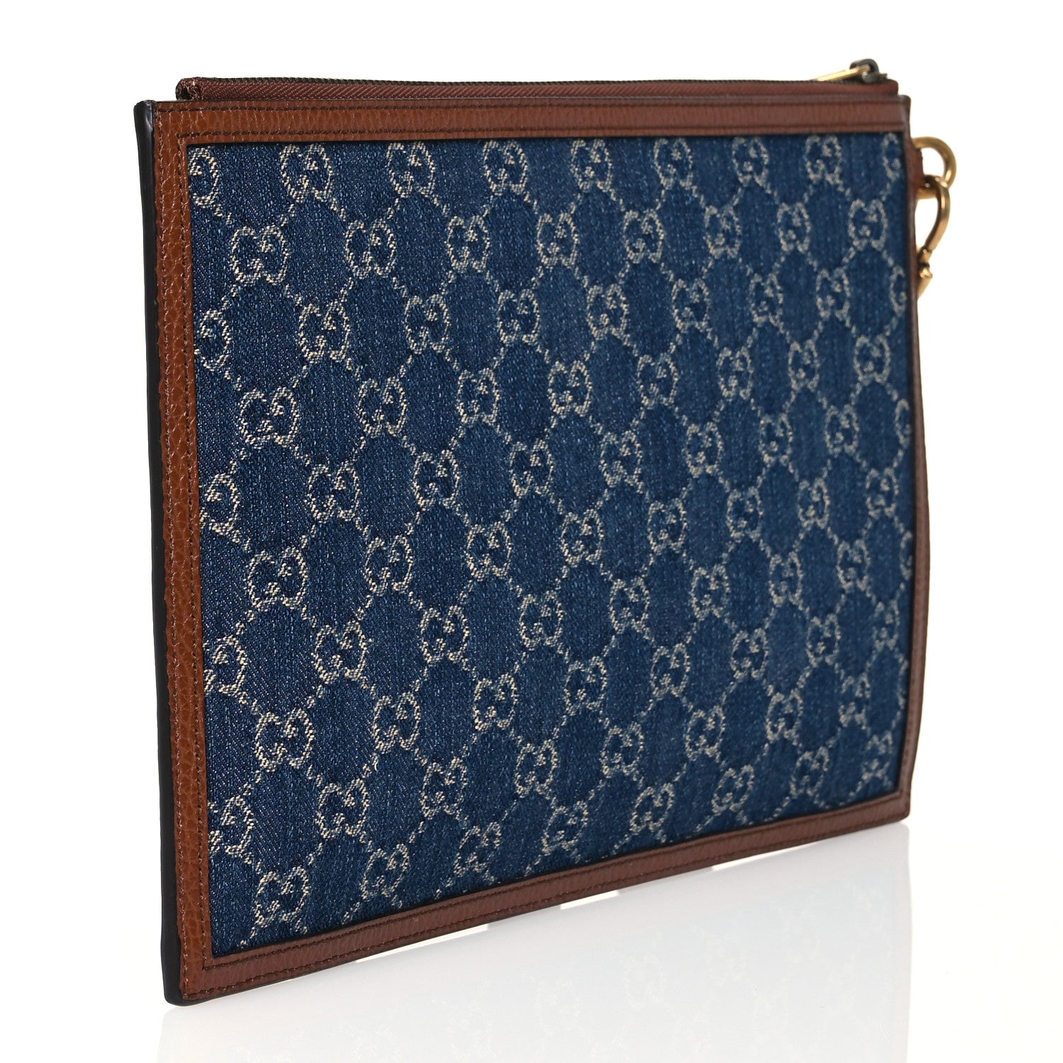 Gucci New Denim GG Monogram Dollar Calfskin Retro Interlocking G Wristlet Pouch Blue Tea Cuir Epilog 3 of 8
