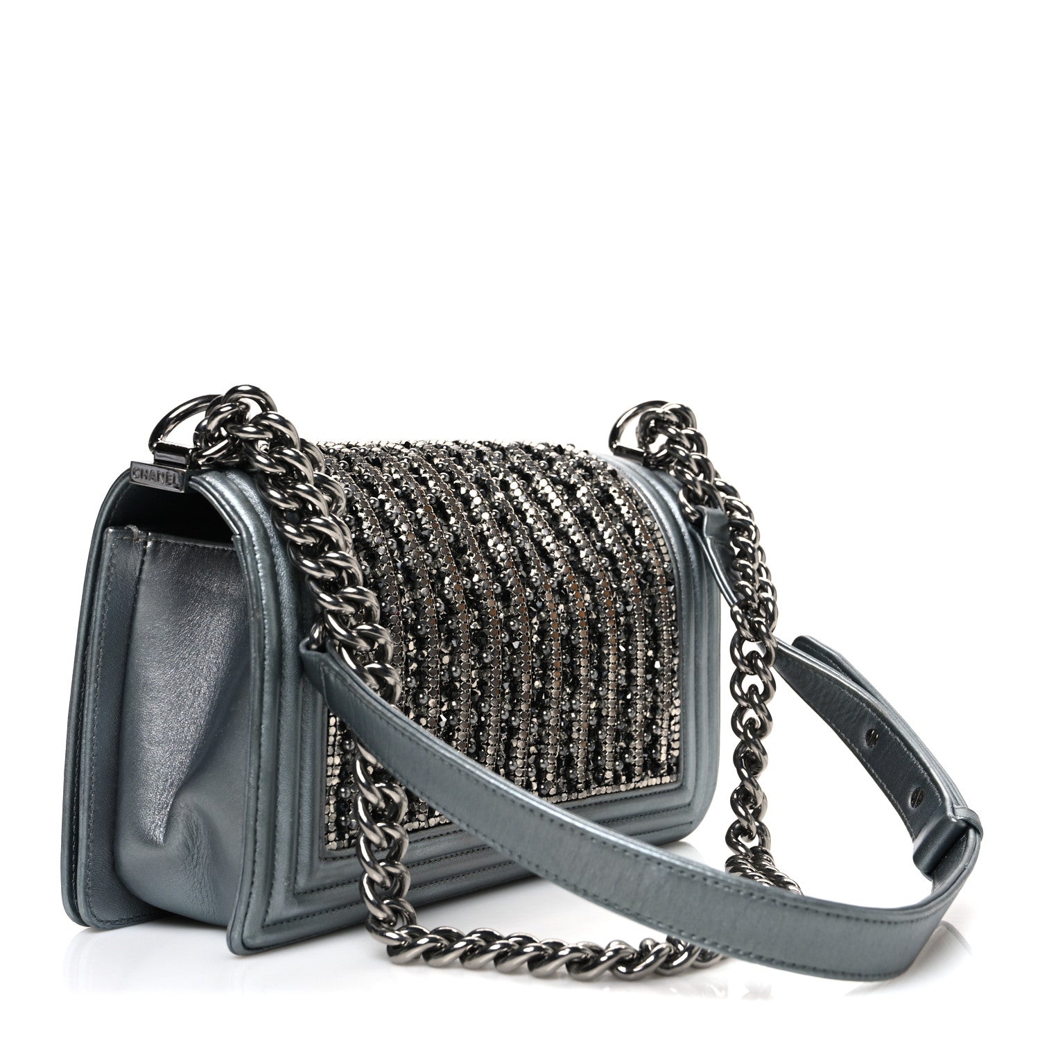 Chanel Metallic Lambskin Glass Pearl Embroidered Medium Boy Flap  Silver 3 of 10