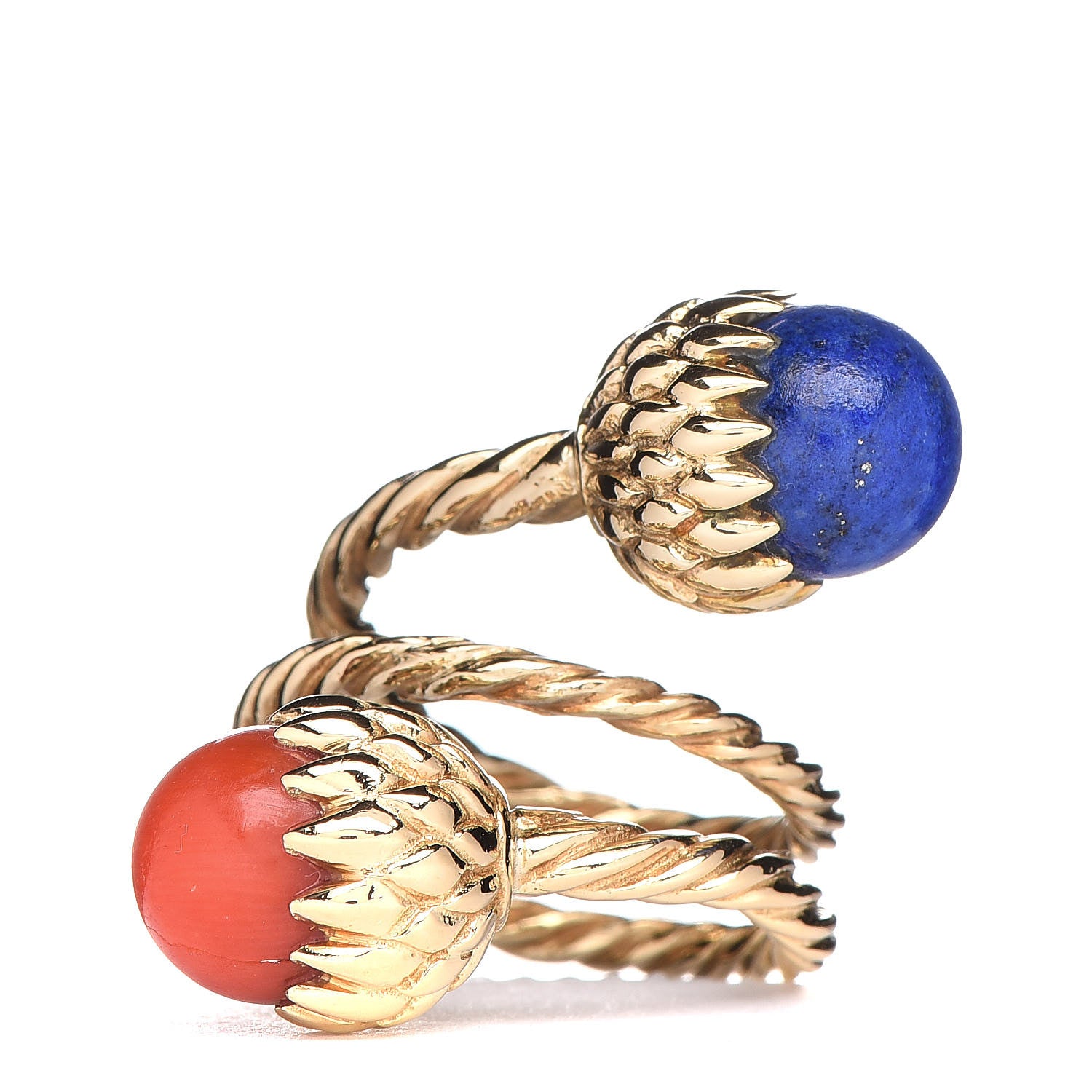 Tiffany 18K Yellow Gold Lapis Lazuli Coral Schlumberger Acorn Bypass Ring 49 4.75 1 of 4