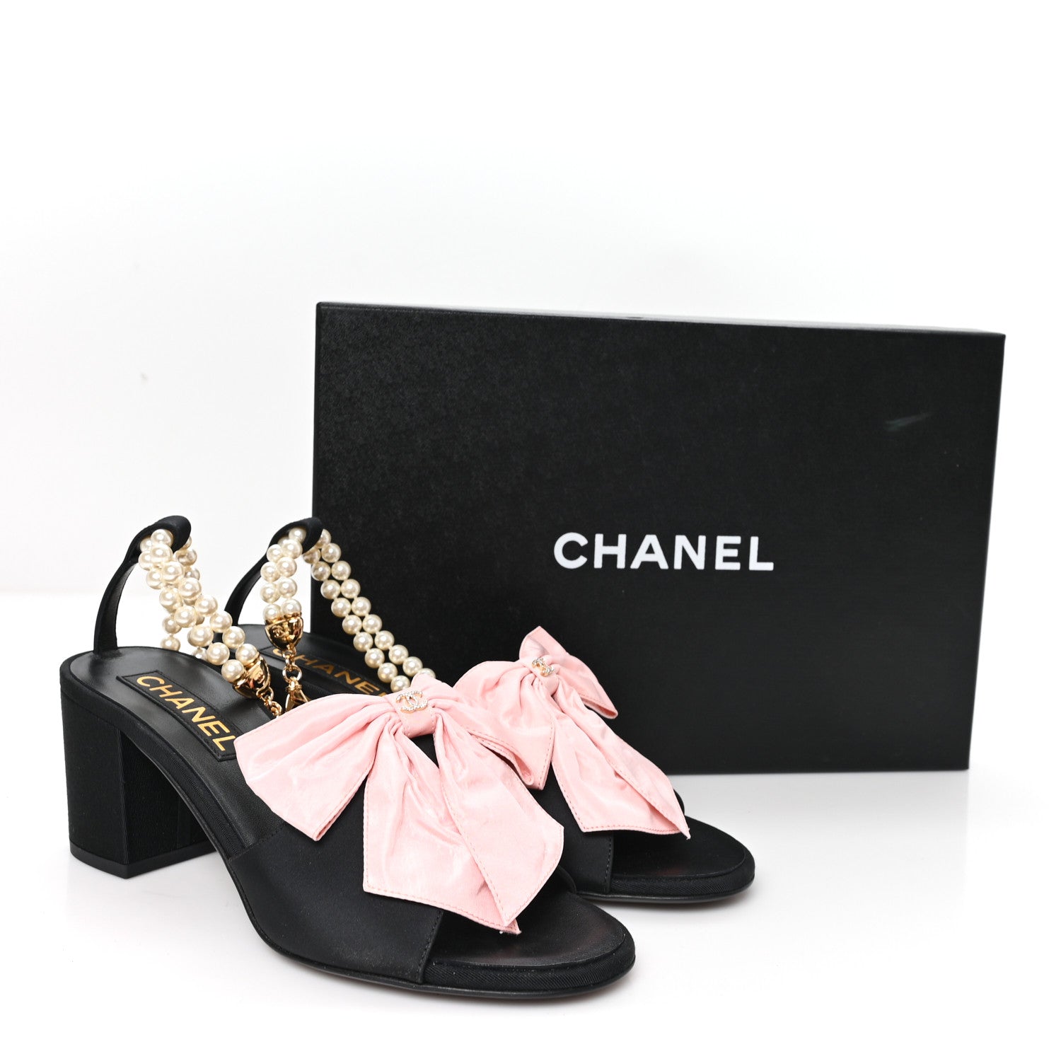 Chanel Silk Pearl Ankle Strap Sandals 38 Black Light Pink 1880459