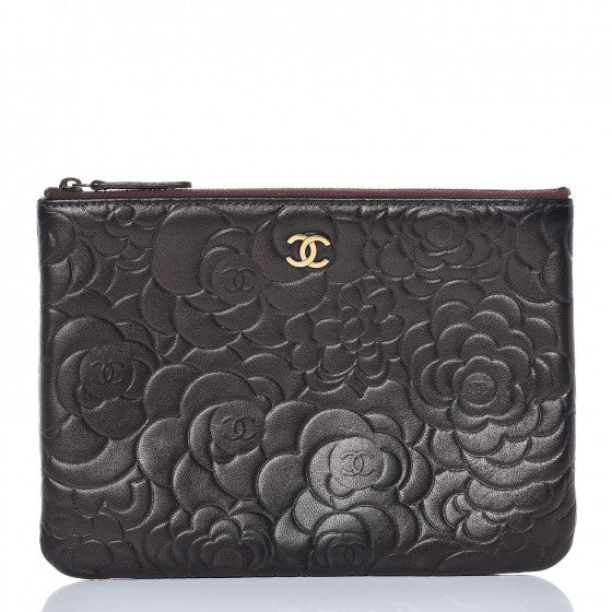 Lambskin Camellia Embossed Medium Cosmetic Case Burgundy