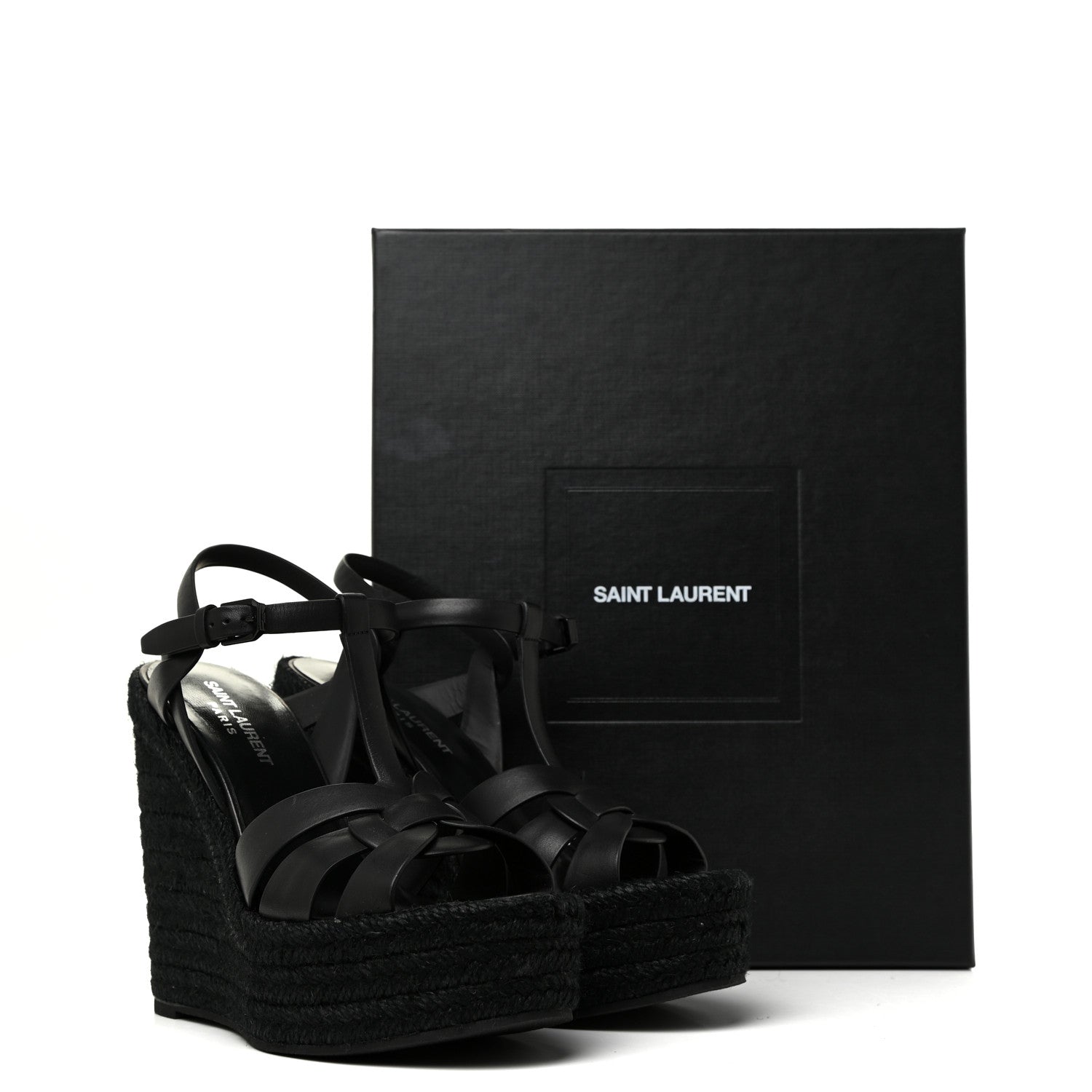 Saint Laurent Calfskin Tribute 95 Platform Espadrille Wedge Sandals 37 Black 9 of 9