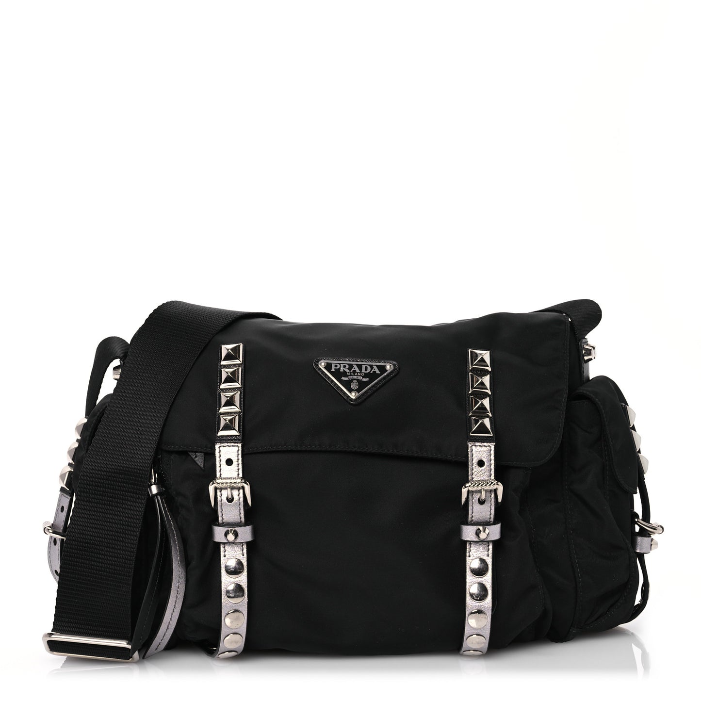 Nylon New Vela Studded Messenger Bag Black