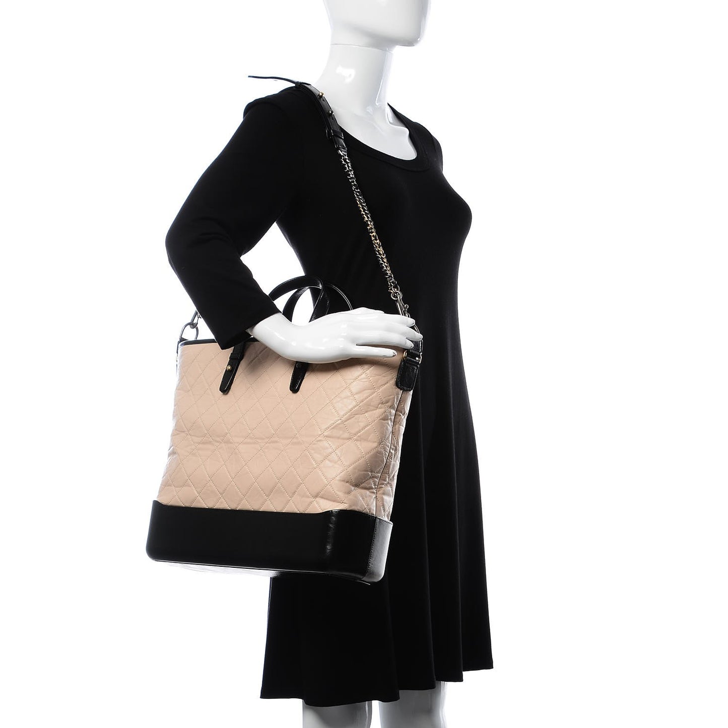 Aged Calfskin Quilted Large Gabrielle Shopping Tote Beige Black