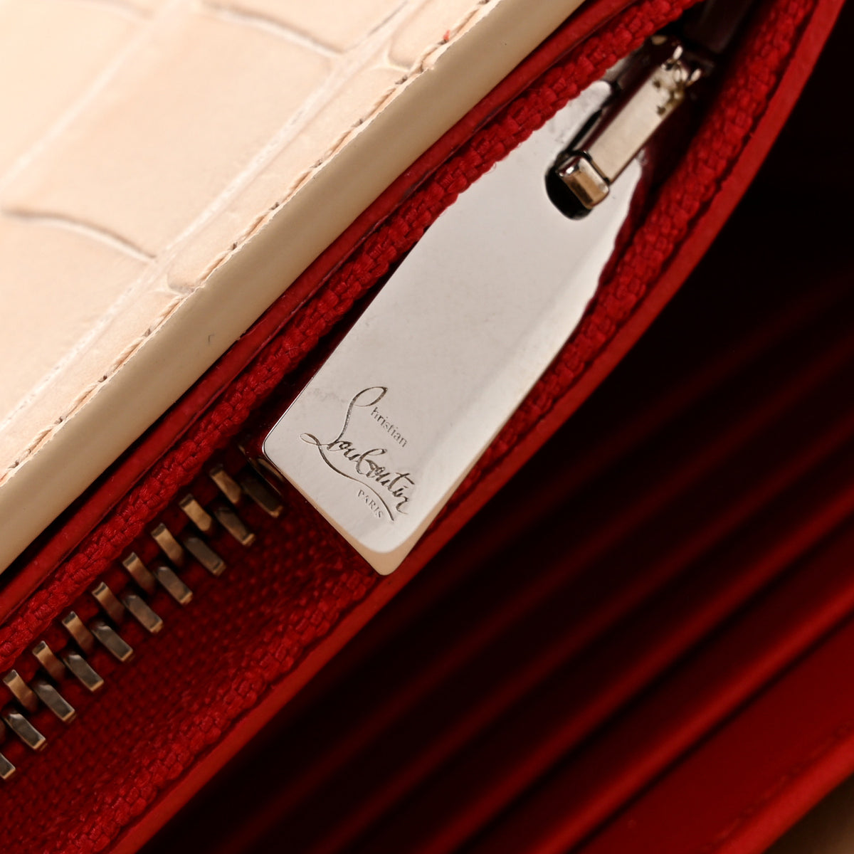 Calfskin Crocodile Embossed Spikes Loubinthesky Paloma Clutch Nougat