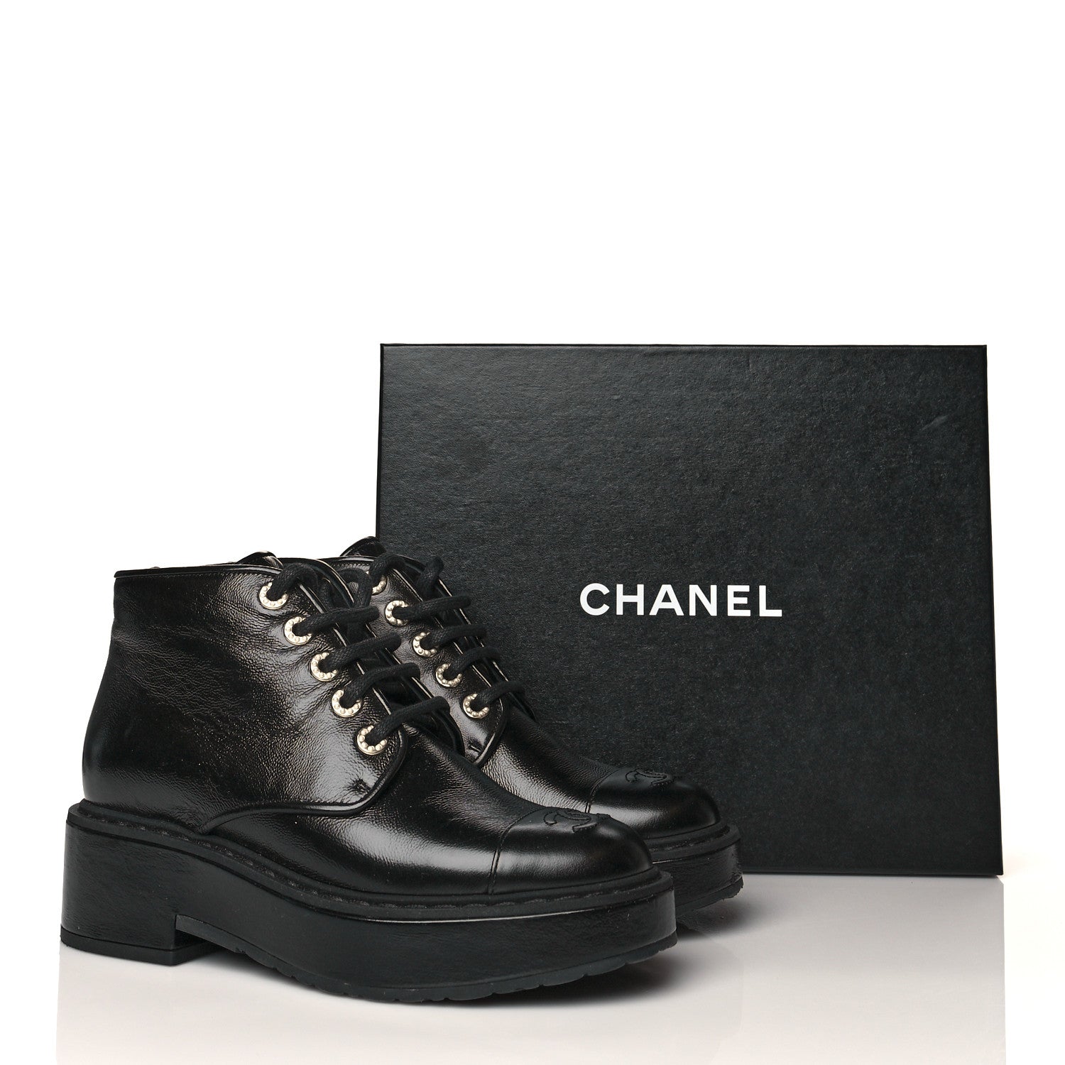 Chanel Shiny Calfskin Pearl Lace Up Combat Short Boots 38 Black 9 of 9
