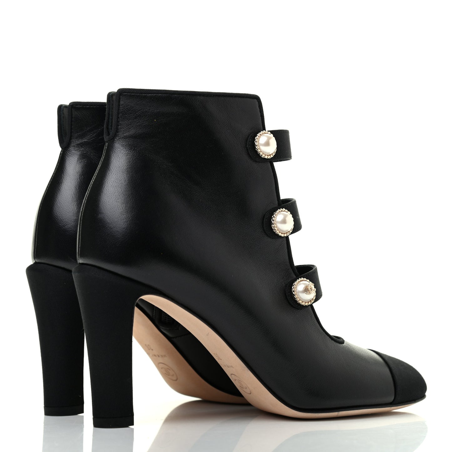 Lambskin Grosgrain Cap Toe Pearl Ankle Boots 36 Black