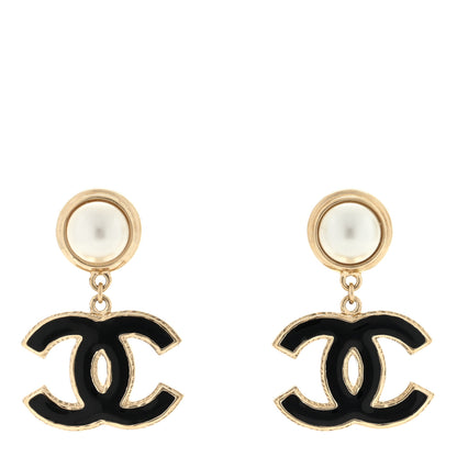 Chanel Pearl Enamel CC Drop Earrings Black 1 of 4