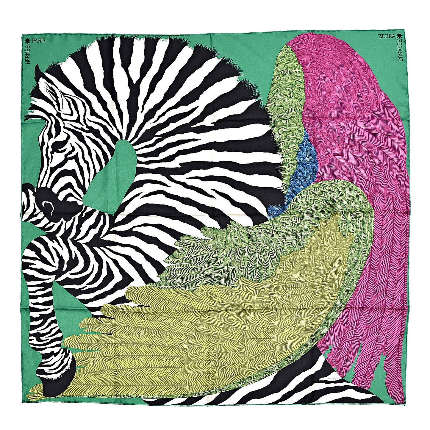 Silk Zebra Pegasus Scarf 90 Emeraude Fuchsia Vert