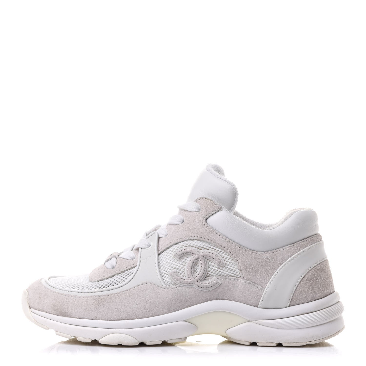 Chanel Suede Calfskin Fabric CC Sneakers 36.5 White Grey 1 of 12