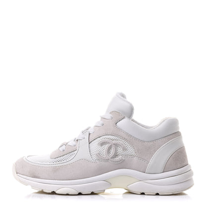 Chanel Suede Calfskin Fabric CC Sneakers 36.5 White Grey 1 of 12