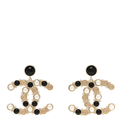 Chanel Crystal Pearl Metal Resin Polka Dot CC Drop Earrings Black Gold 1 of 5