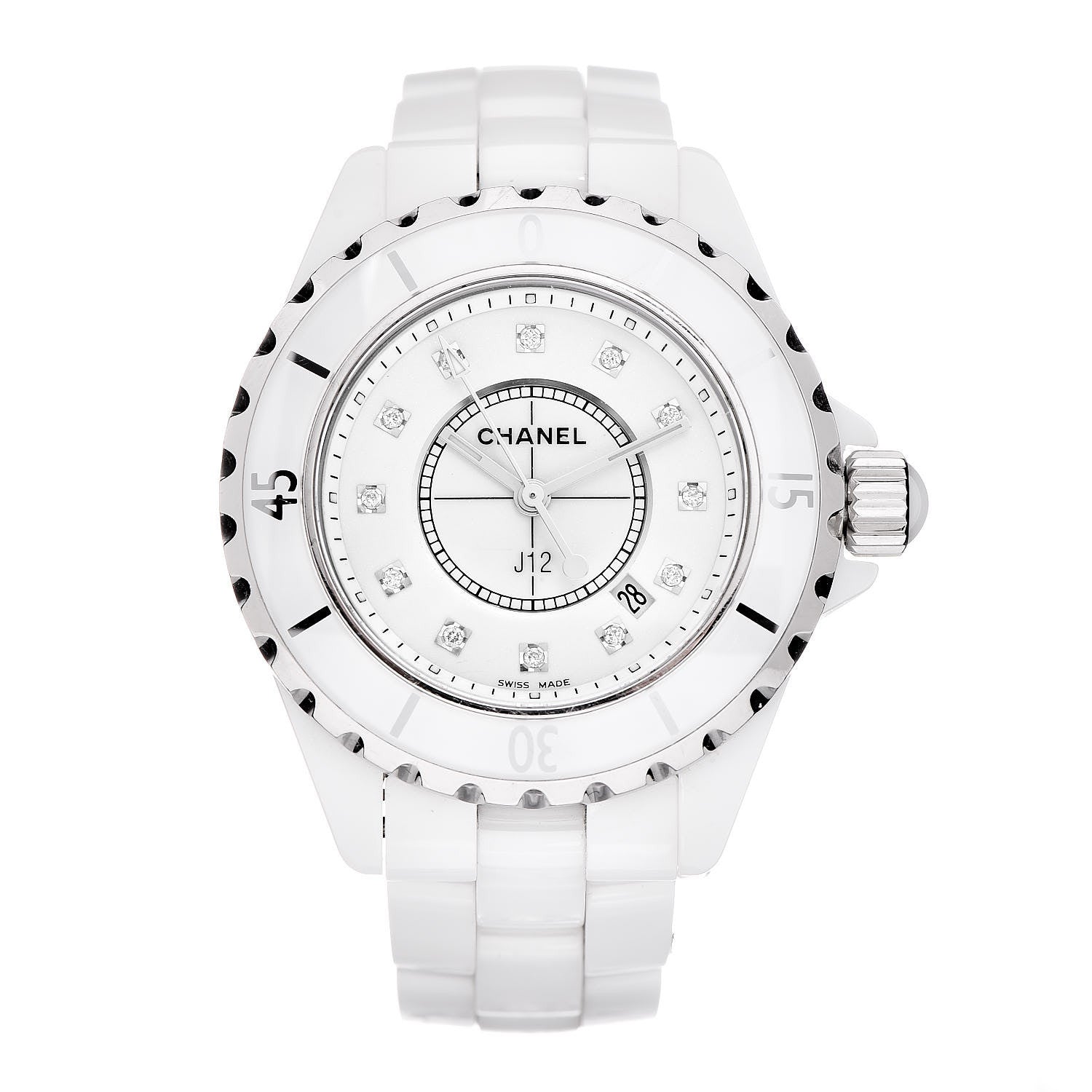 Chanel Stainless Steel Ceramic Diamond 33mm J12 Quartz Watch White 1 of 6
