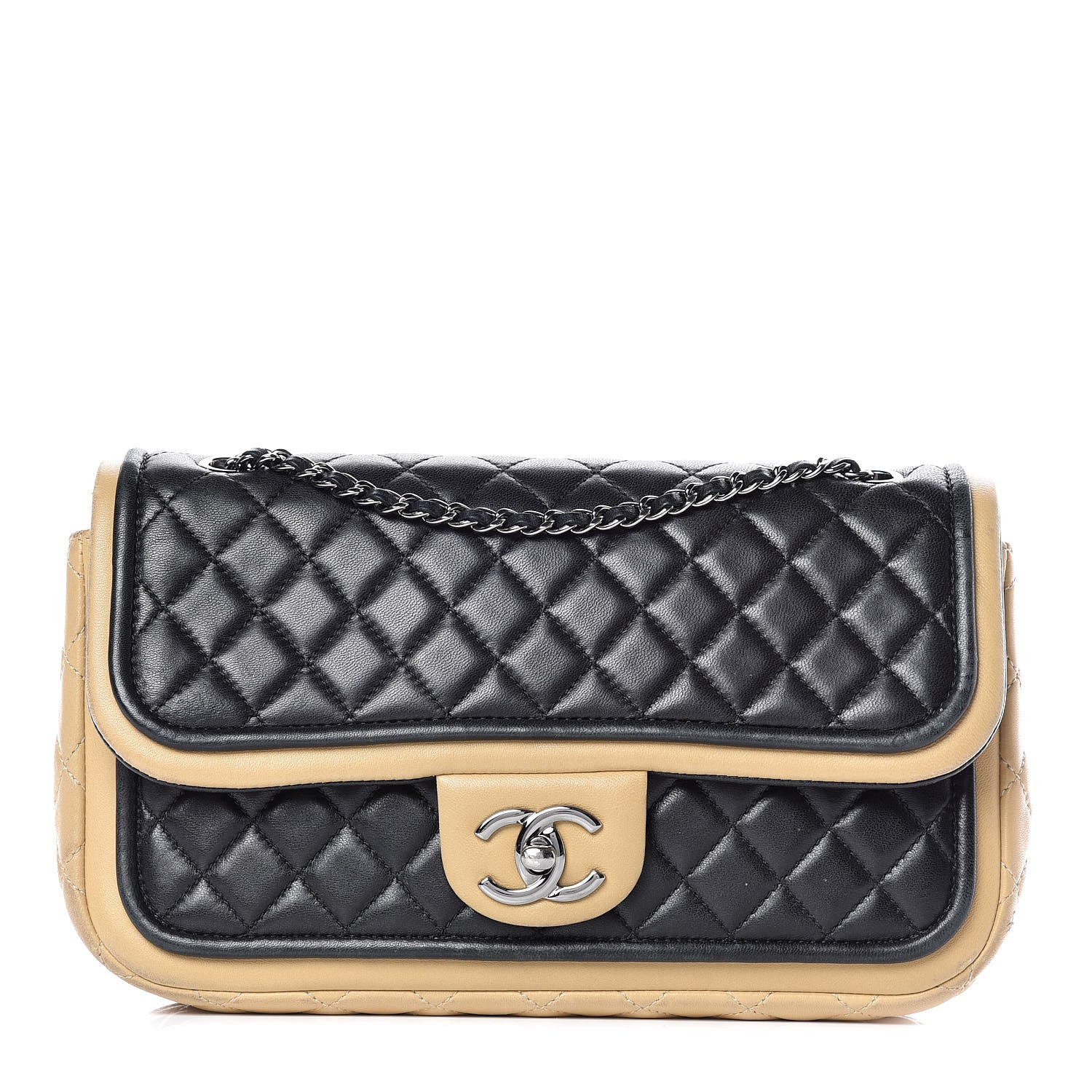 Chanel Lambskin Quilted Medium Twist Two Tone Flap Bag Black Beige 1 of 12