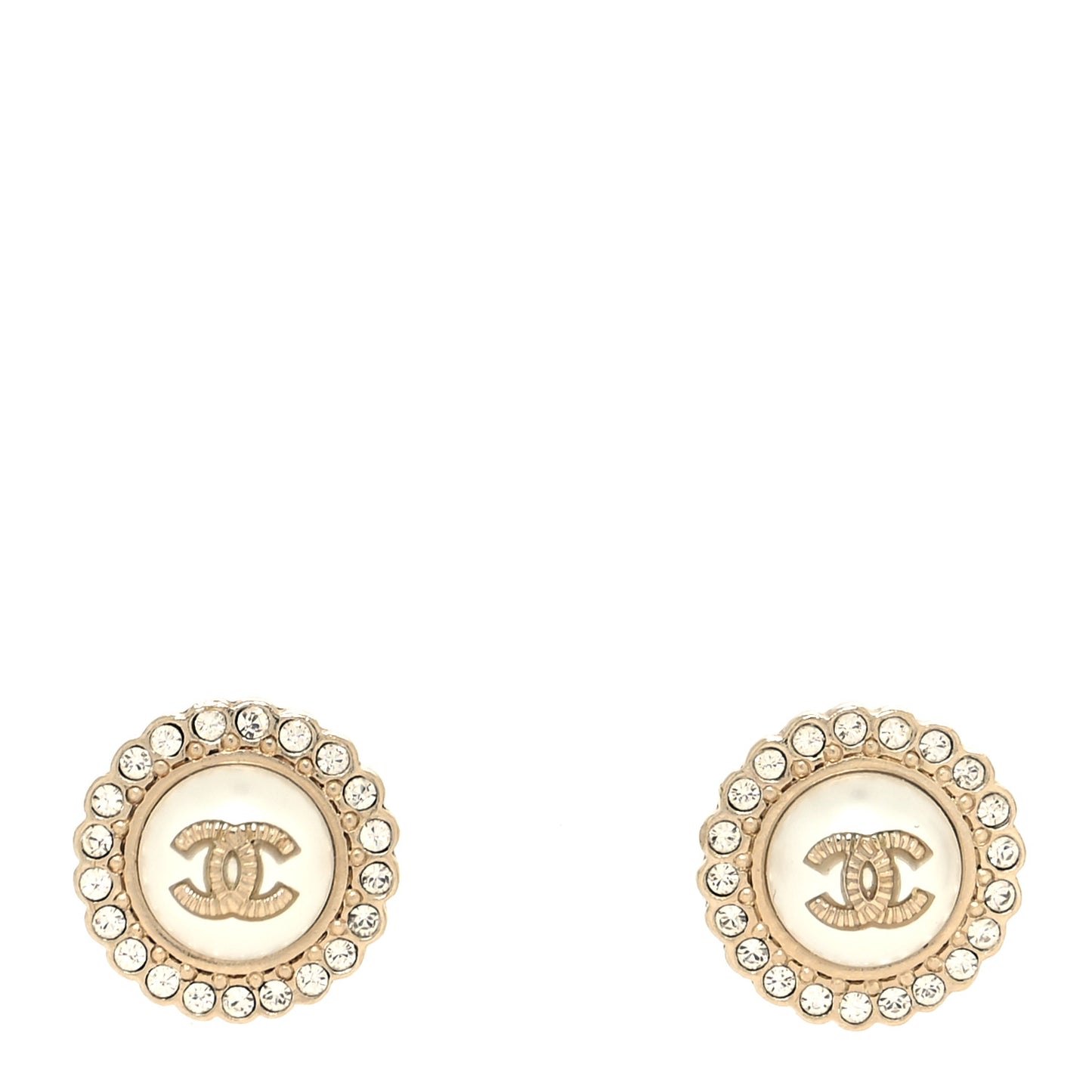 Metal Pearl Crystal CC Round Earrings Light Gold