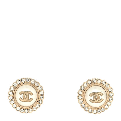 Chanel Metal Pearl Crystal CC Round Earrings Light Gold 1 of 4