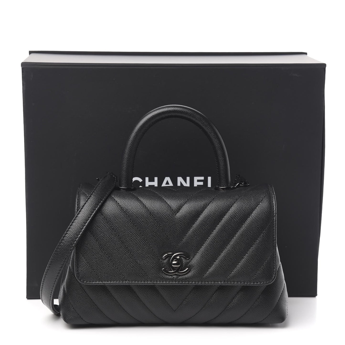 Caviar Chevron Quilted Mini Coco Handle Flap So Black