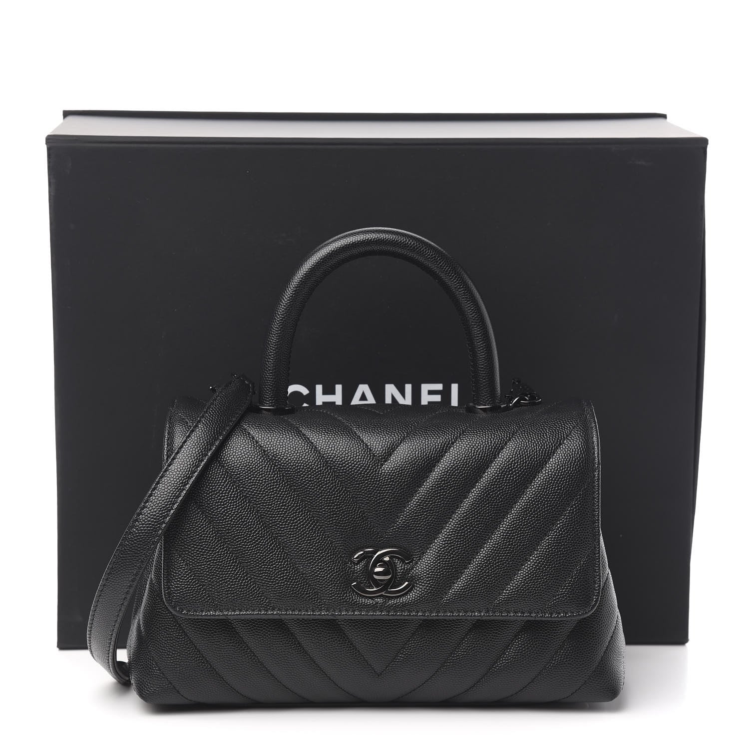 Chanel Caviar Chevron Quilted Mini Coco Handle Flap So Black 12 of 12