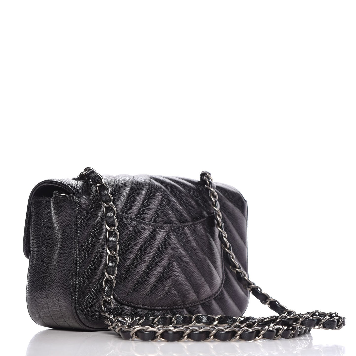 Metallic Caviar Chevron Quilted Mini Rectangular Flap Black